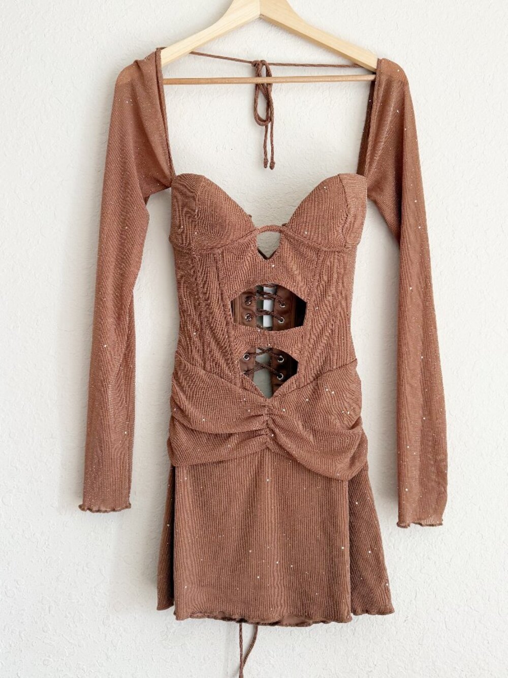Outcast Aubrey Long Sleeve Mini Dress Tan Sparkle Corset M NWT - Picture 2 of 7